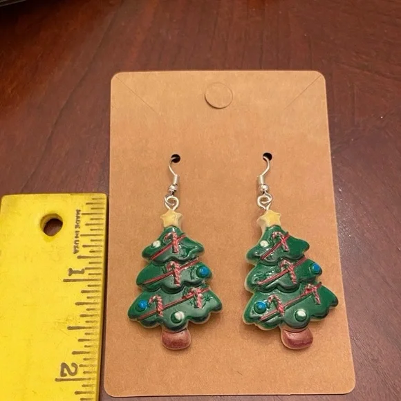 Festive Green Christmas Tree Dangle Earrings - Picture 4 of 4